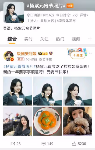 楊紫元宵曬照引熱議，六個「柿柿如意」湯圓成亮點！
