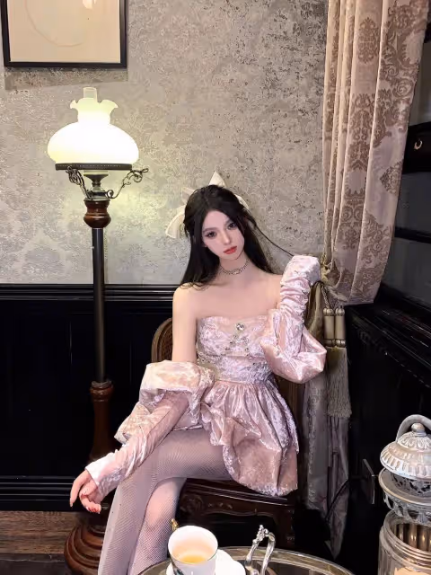 粉色絲絨抹胸蓬蓬裙+白絲襪,甜美又誘人!