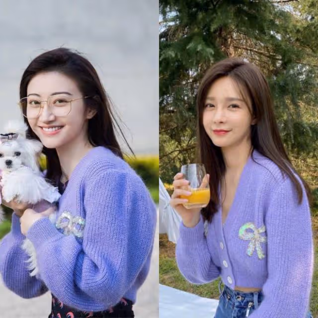 景甜和沈夢辰同穿紫色毛衣,一個顯壯,一個甜美少女,差距太大了
