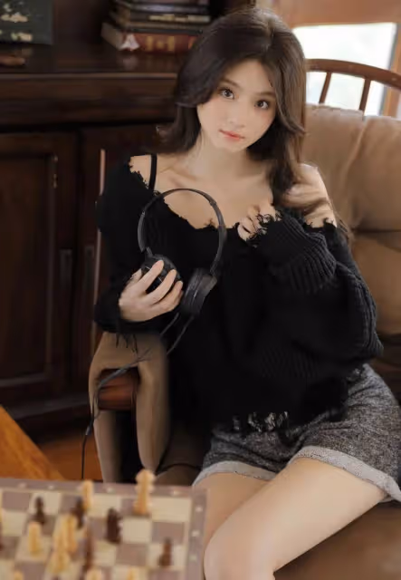 露肩美女魅惑桌前!身材火辣毛衣撩人,修長美腿惹人愛!