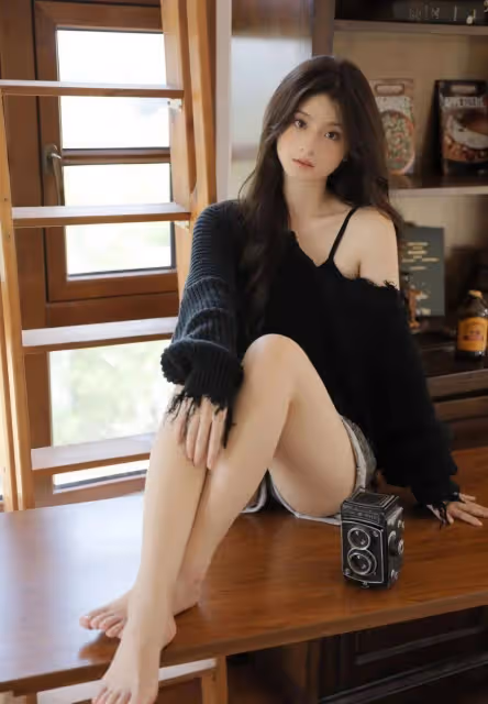 露肩美女魅惑桌前!身材火辣毛衣撩人,修長美腿惹人愛!