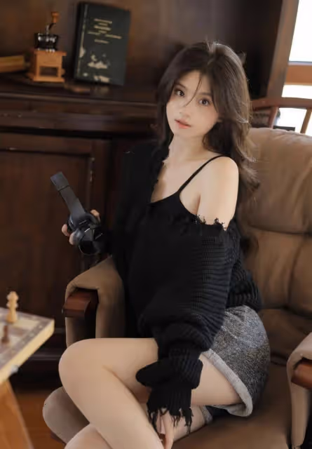 露肩美女魅惑桌前!身材火辣毛衣撩人,修長美腿惹人愛!
