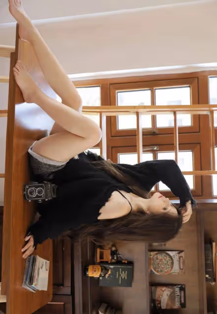 露肩美女魅惑桌前!身材火辣毛衣撩人,修長美腿惹人愛!