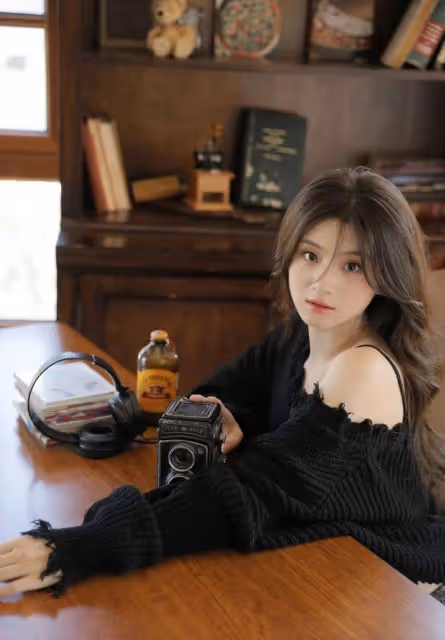露肩美女魅惑桌前!身材火辣毛衣撩人,修長美腿惹人愛!