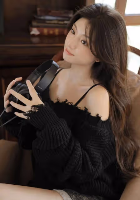 露肩美女魅惑桌前!身材火辣毛衣撩人,修長美腿惹人愛!