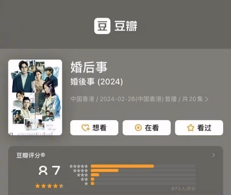 TVB《婚後事》播出一周口碑佳,豆瓣評分8.7,多視角敘事是關鍵