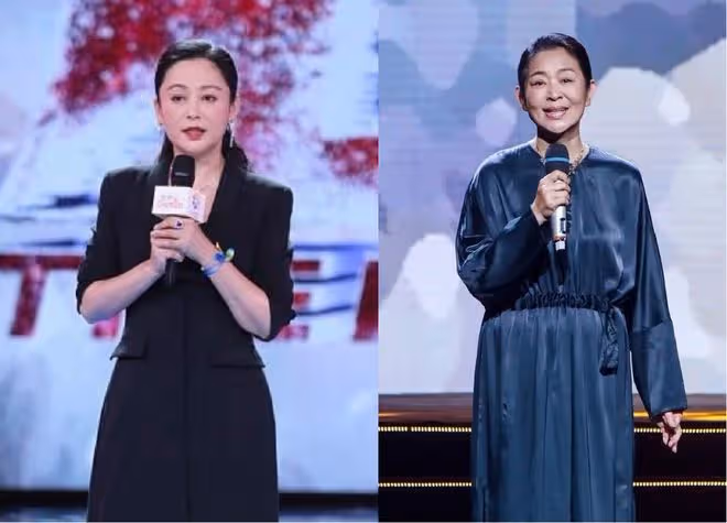 倪萍和陳紅同穿裙裝，一個優雅高級似貴婦，一個臉部坍塌像大媽