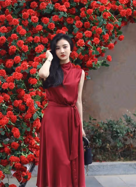 紅裙輕舞,黑絲神秘,知性與性感的完美融合,褶皺抹胸包臀裙時尚穿搭