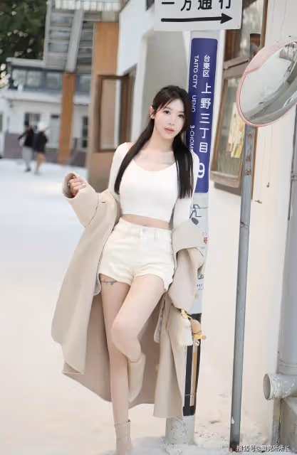 21歲極品尤物少女的街頭時尚穿搭:米色風衣搭配白色短褲 簡約優雅新風尚