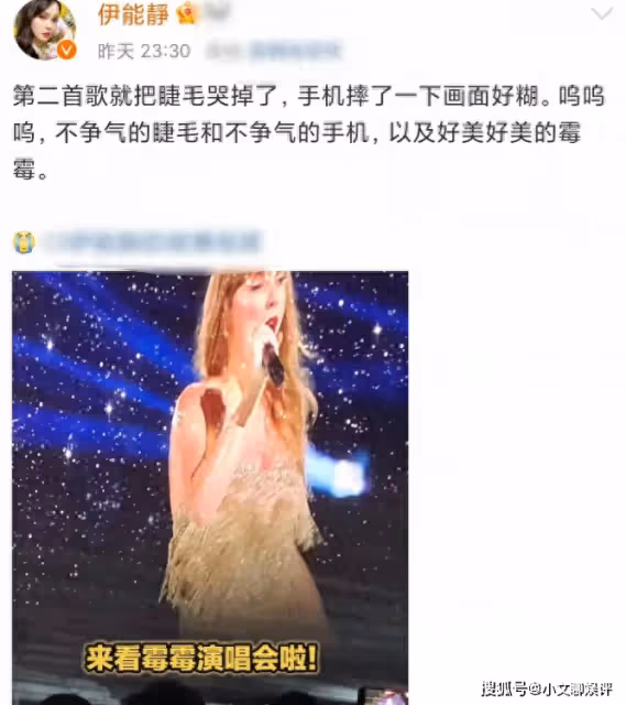 秦昊老婆現身霉霉演唱會，56歲伊能靜穿短裙扮可愛，睫毛哭掉了