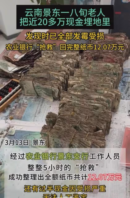老人過世前將20多萬現金埋地里，家人挖出全部發霉受損：救回12萬