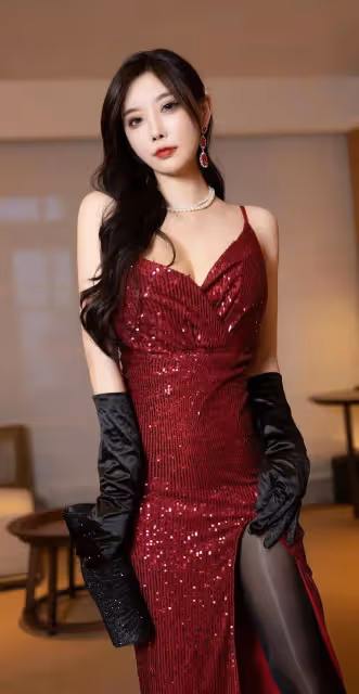 時尚床上秀:美女酒紅禮服,曲線嫵媚,黑絲修長美腿,姿態如畫,令人陶醉!