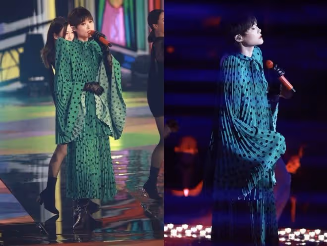 李宇春穿裙裝的品位「有點迷」,綠色長裙加誇張墊肩,前衛過頭了