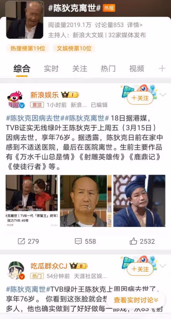 TVB資深綠葉陳狄克病逝,網友感慨時代變遷
