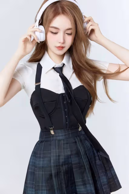 少女火辣穿搭!黑色格子裙+白色上衣,性感又誘惑,美到讓人窒息!