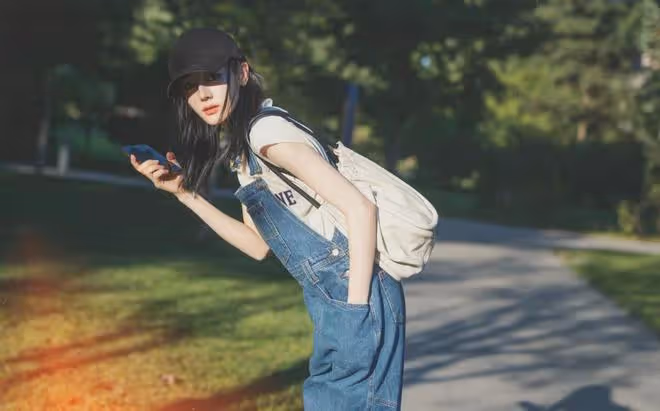 30+的迪麗熱巴少女感不減,穿背帶褲好似文藝大學生,甜度爆棚