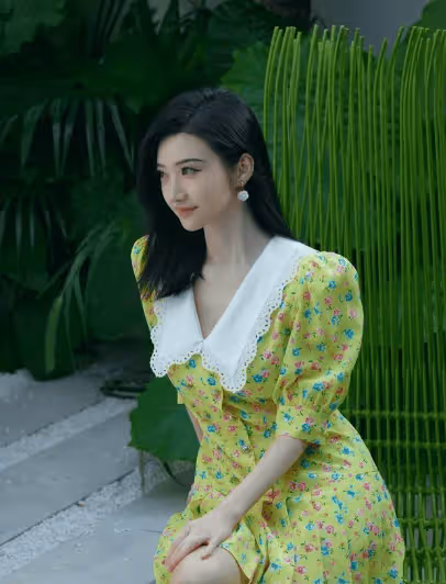 景甜著黃色碎花連身短裙,長腿纖細引人注目,演繹春日時尚新篇章