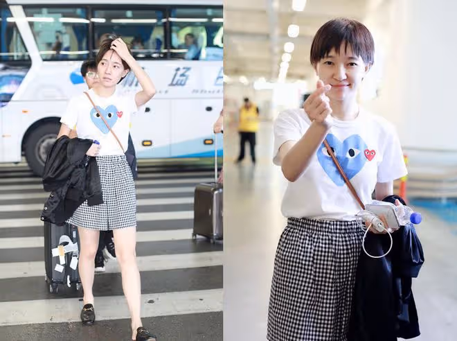 焦俊艷穿格紋褲太少女,「奶油肌」白到反光,還以為是未成年