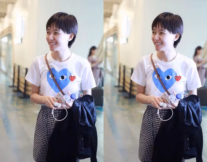 焦俊艷穿格紋褲太少女,「奶油肌」白到反光,還以為是未成年