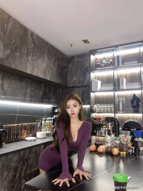 OOTD!36D極品尤物居家穿搭:紫色V領連衣包臀裙 凸顯曼妙身材曲線