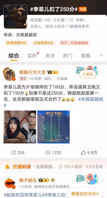 李菲兒綜藝里連續被扣250分，導致錦超組與第一名無緣