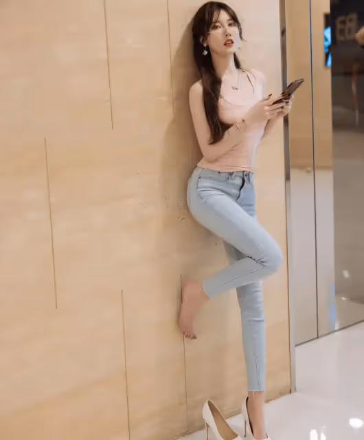 粉色收身上衣牛仔褲搭配,性感身材一覽無餘,勾魂攝魄,魂牽蒙繞