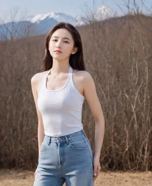 白色小弔帶搭配牛仔褲,曼妙的身姿,十分迷人