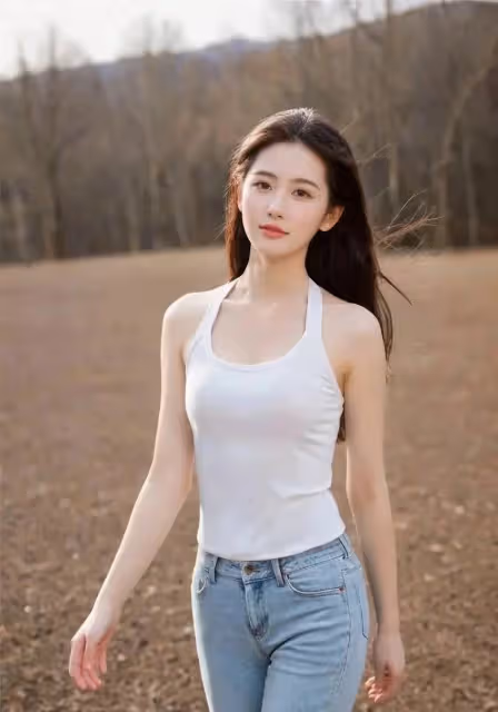 白色小弔帶搭配牛仔褲,曼妙的身姿,十分迷人