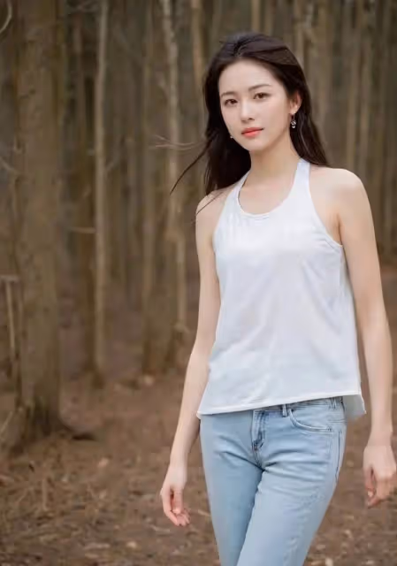 白色小弔帶搭配牛仔褲,曼妙的身姿,十分迷人