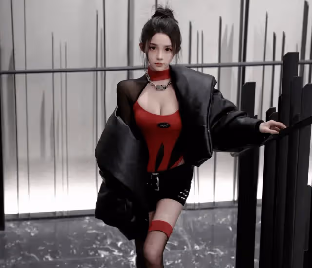 紅黑搭配展示曼妙身材,時尚少女盡顯魅力