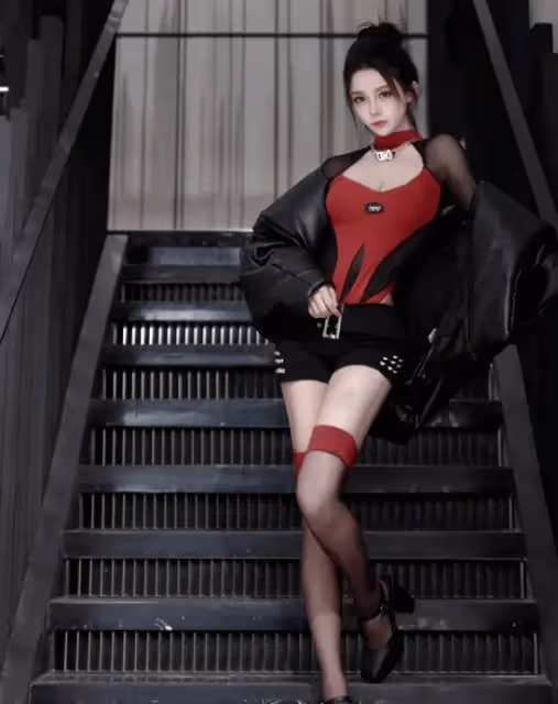 紅黑搭配展示曼妙身材,時尚少女盡顯魅力
