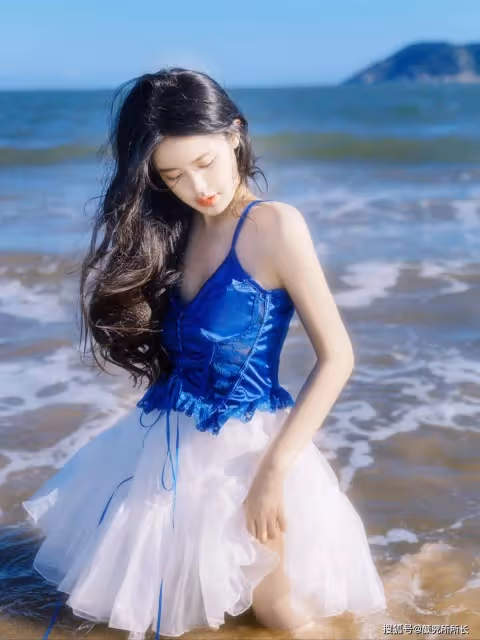 絕美白嫩尤物的海邊藝術穿搭:藍色弔帶背心搭配白色蓬蓬裙 優雅迷人