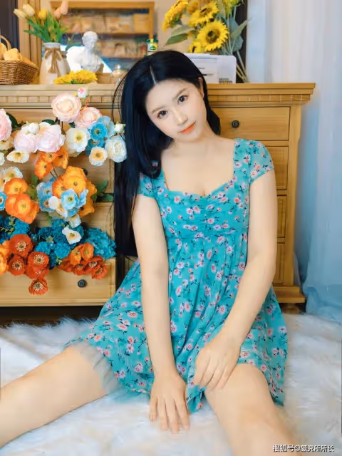 19歲白嫩尤物居家穿搭:綠色碎花連衣裙 盡顯優雅與柔美