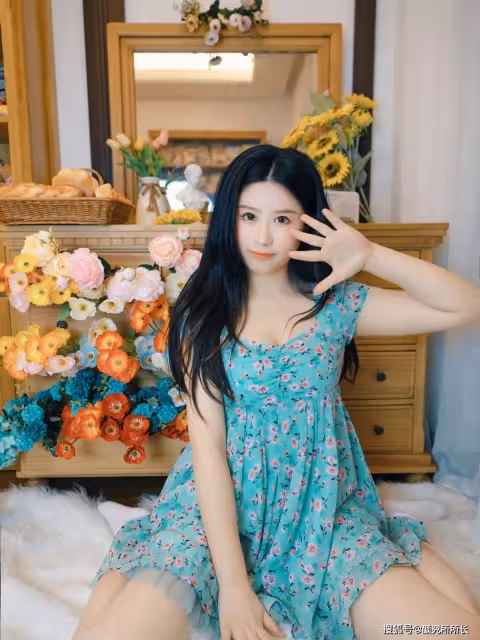 19歲白嫩尤物居家穿搭:綠色碎花連衣裙 盡顯優雅與柔美
