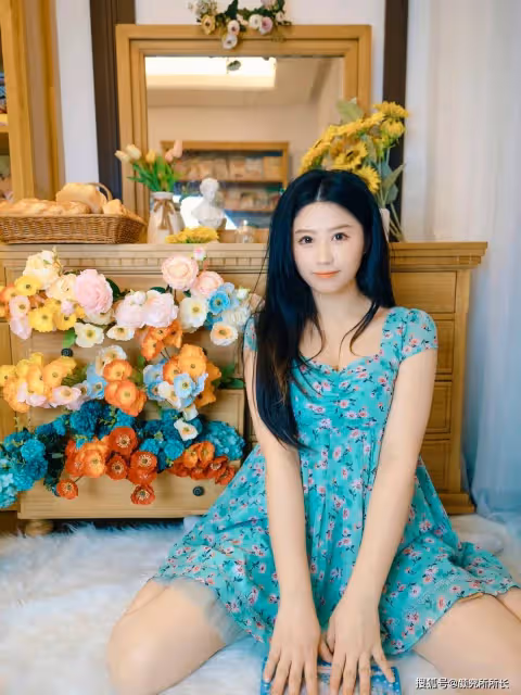 19歲白嫩尤物居家穿搭:綠色碎花連衣裙 盡顯優雅與柔美