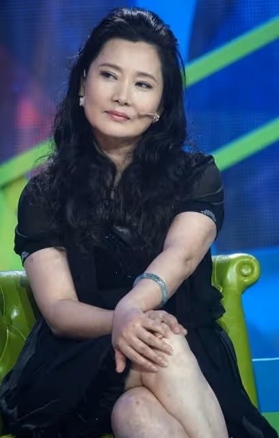 年近60的何賽飛雖然容顏老了,但氣質還是很好,身穿長裙魅力不減