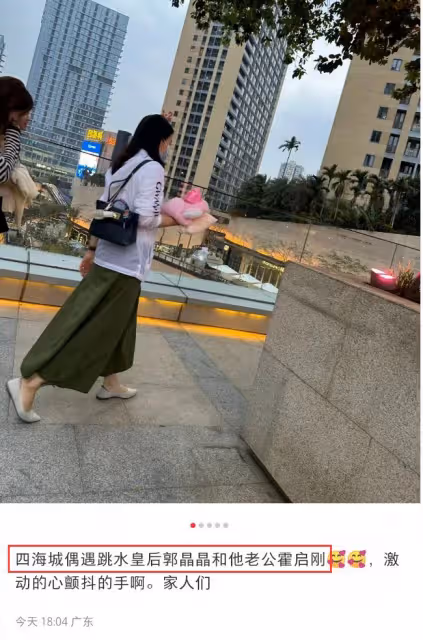 42歲郭晶晶街頭被偶遇，穿墨綠長裙背愛馬仕，霍啟剛帶三娃無壓力
