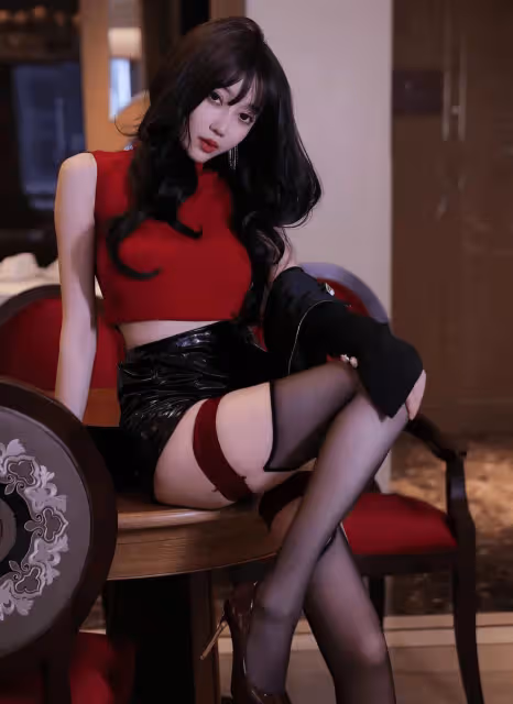 紅黑搭配展嬌姿,黑絲嫵媚亭亭立,妙曼身段盡現,婀娜風韻醉人心。