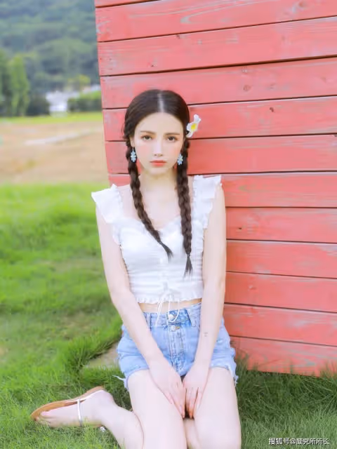 19歲雙馬尾辮少女夏日寫真大賞:白色花邊弔帶上衣搭配短牛仔褲 清新又自然