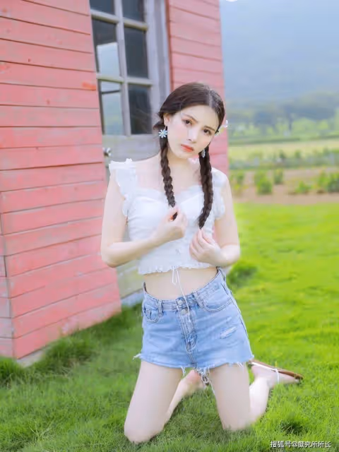 19歲雙馬尾辮少女夏日寫真大賞:白色花邊弔帶上衣搭配短牛仔褲 清新又自然