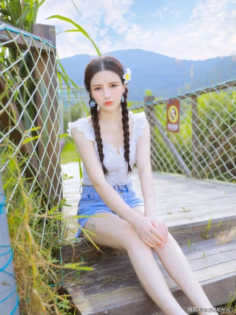 19歲雙馬尾辮少女夏日寫真大賞:白色花邊弔帶上衣搭配短牛仔褲 清新又自然