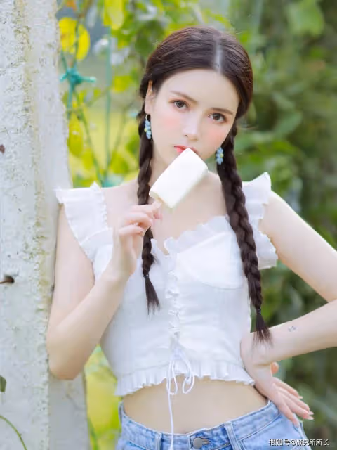 19歲雙馬尾辮少女夏日寫真大賞:白色花邊弔帶上衣搭配短牛仔褲 清新又自然