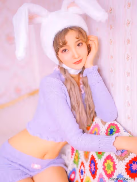 甜美19歲尤物少女居家穿搭:萌萌的兔耳朵搭配藍色毛線外衣短褲 性感可愛