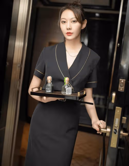 黑色制服魅力無限,職場新風尚引遐想,清雅麗人展風姿,端莊氣質難忘懷