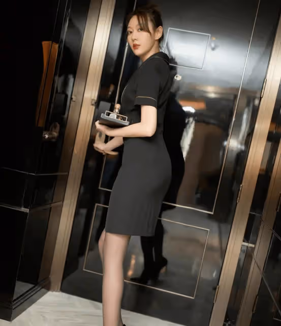 黑色制服魅力無限,職場新風尚引遐想,清雅麗人展風姿,端莊氣質難忘懷