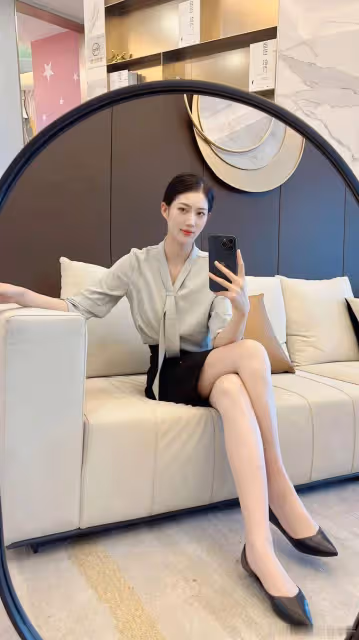 香檳色高領長袖飄帶襯衫,搭配黑色半身裙和高跟鞋配一個絲襪,時尚有高級!