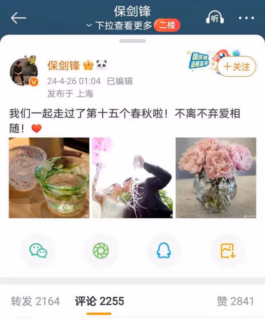保劍鋒結婚15周年曬幸福，恩愛如初惹人羨