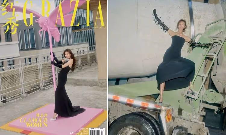 林志玲拍中國時尚雜誌躍上水泥車大開腿！網友看笑了「構圖好醜糟蹋她」