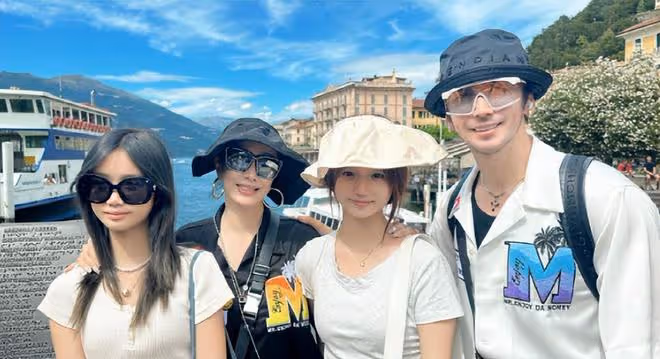鍾麗緹曬全家福，15歲二女兒又甜又欲，染紅髮穿弔帶比媽媽還辣