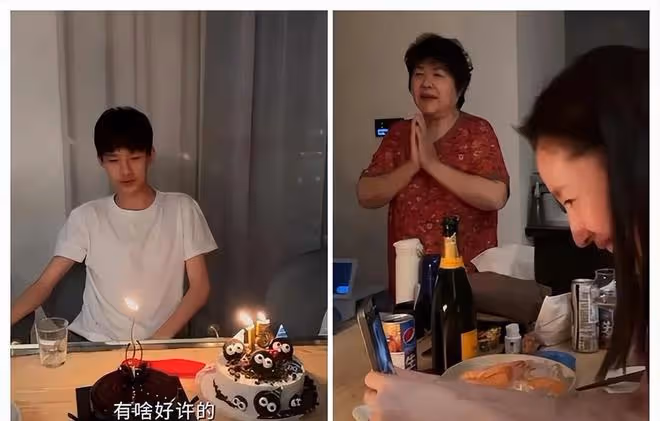 畫面中的董潔,依偎在兒子的身旁,幸福感溢於言表